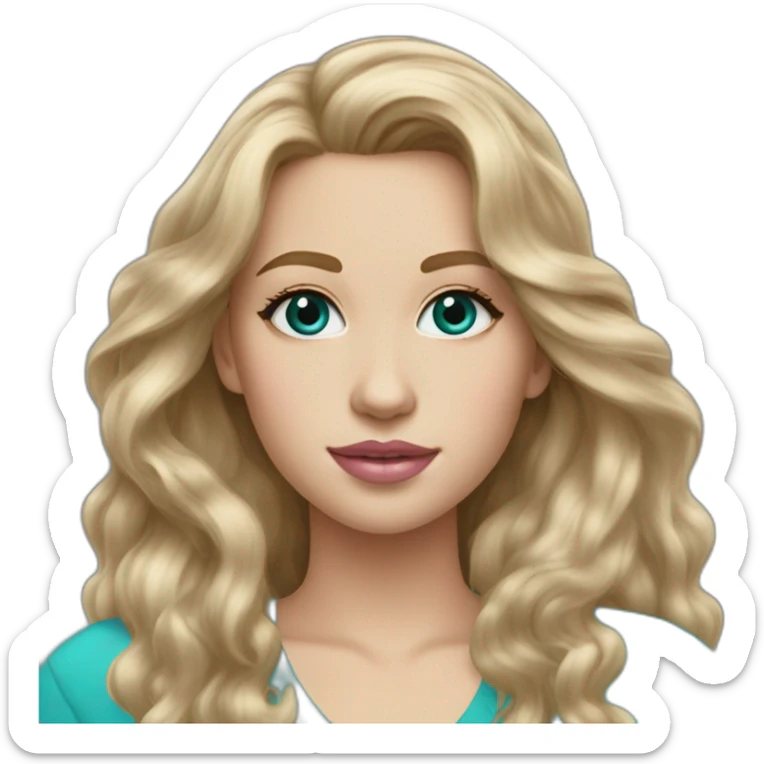 white girl with long wavy dirty blonde hair hazel eyes pink lip gloss turquoise top sticker