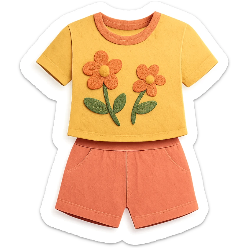 illustration of a women's short and tee shirt set with a floral pattern in paper-craft style sticker