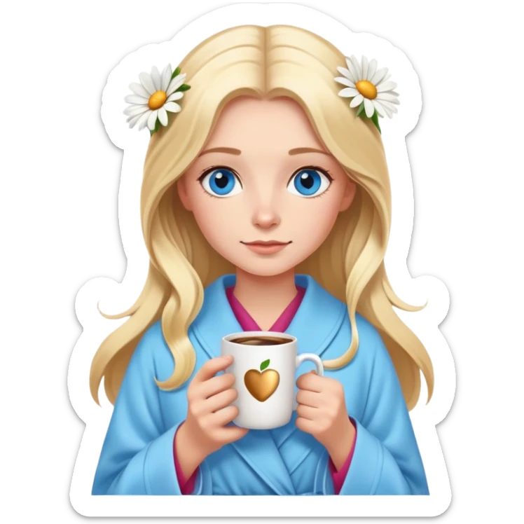 girl
blue eyes
long blond hair with daisy in hair
wearing housecoat
holding a mug of coffee
wearing rose gold apple watch  sticker
