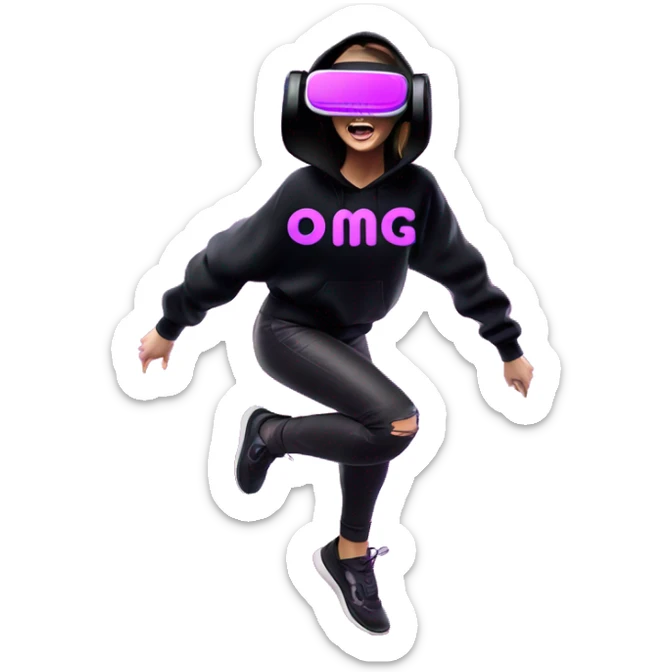 Russian girl wearing black hoody with violet letters "OMG", in vr headset oculus quest2. jumping. Cyberpunk style. Violet neon. sticker