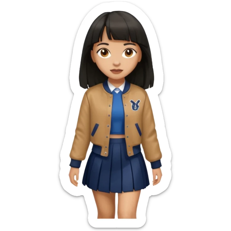 black color long hair with fringe, light skin long hair girl with brown varsity jacket,  navy long long skirt walking

 sticker