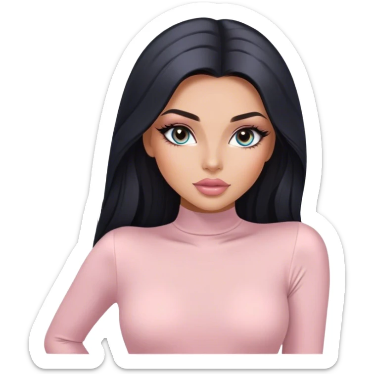 Glamours, tanned, very beautiful girl, with big pump peach-beige-rose lips, long long lashes, black straight smooth silky long hair, straight parting hair, blue-grey eyes in light pink long-sleeves bodysuit sticker