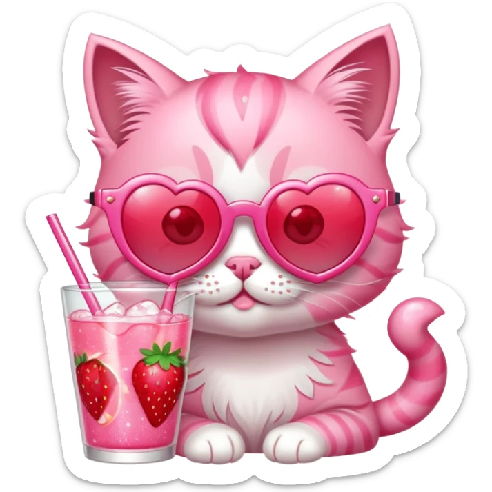 A bubblegum pink kitten with heart-shaped sunglasses, sipping a strawberry soda, surrounded by sparkles and summer vibes. sticker