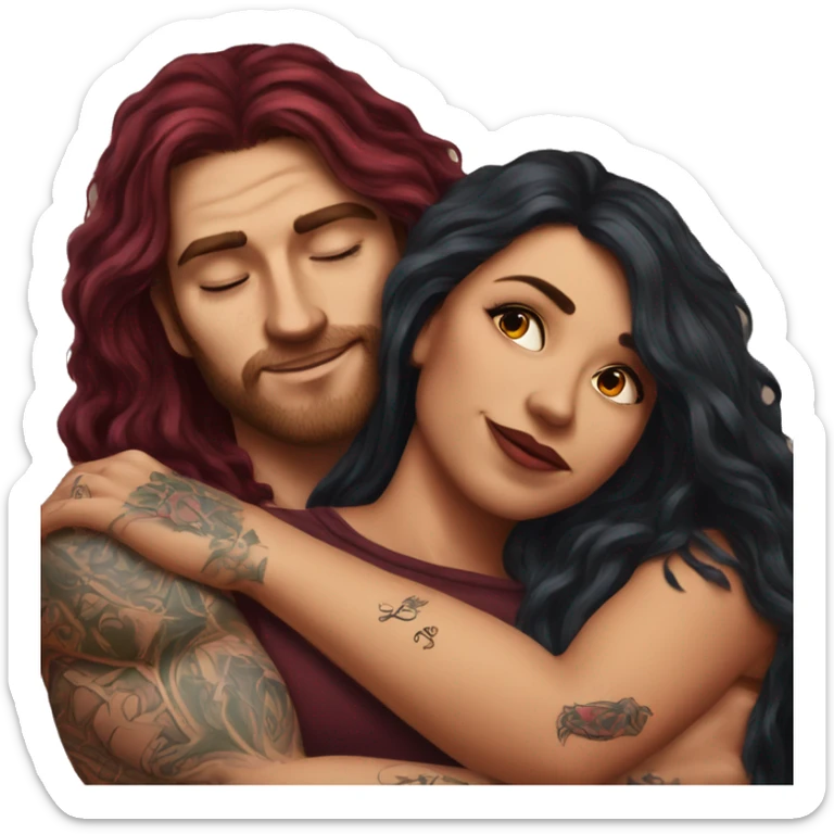 Beautiful tattooed burgundy long haired woman laying on the boyfriends chest sticker
