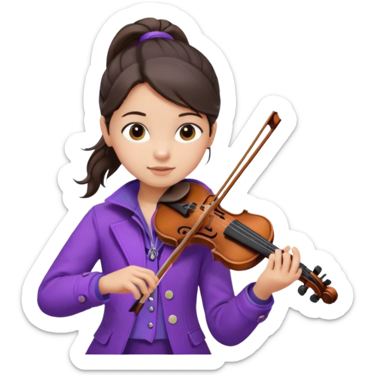 child girl baby face dark brown hair in ponytail playing violin in purple jacket  sticker
