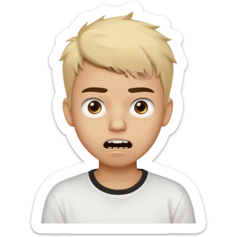 Male Teenager with Short buzz, messy blonde hair, Dark brown bushy eyebrows large expressive golden-brown eyes, wearing a plain white t-shirt, Dark Brown skin color, Confused mouth gape showing teeth sticker