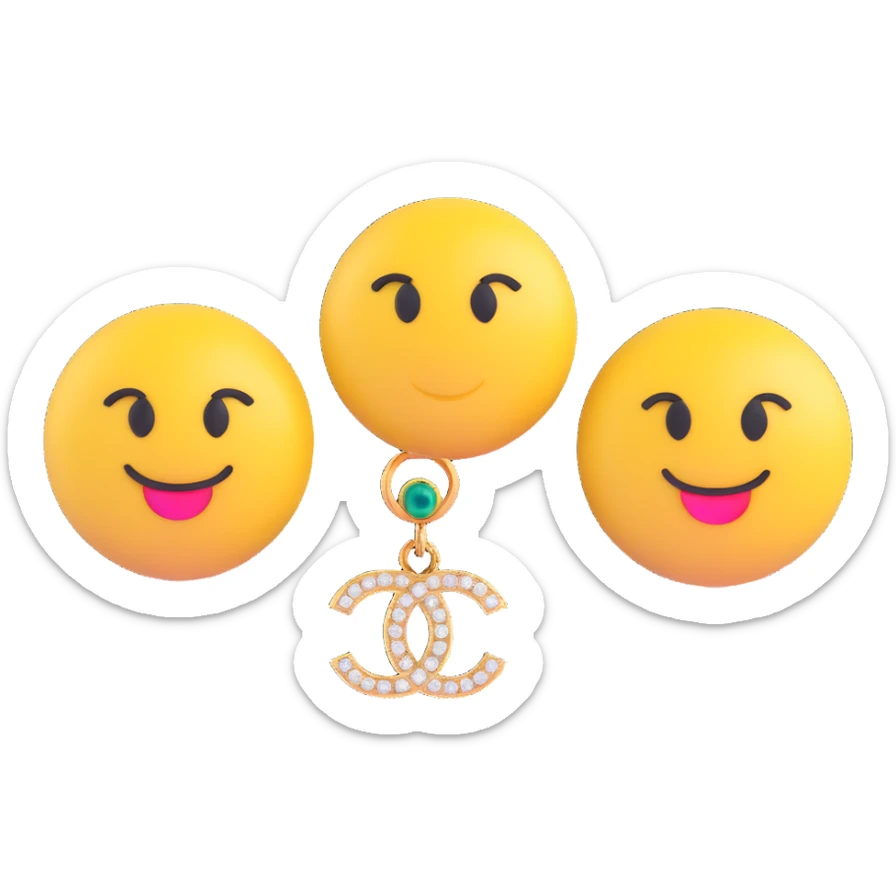 3D emoji-style Chanel logo earrings with colorful gemstone accents, playful and luxurious sticker