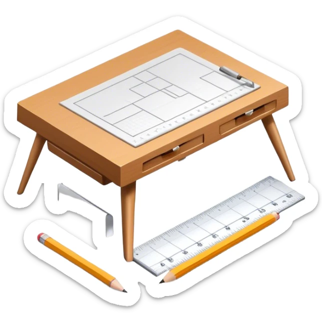 Icon for Furniture Design: a furniture drawing with 3D models of furniture pieces placed on top, accompanied by rulers and a pencil. The icon should represent the design process with focus on precision and modeling. Transparent background. sticker