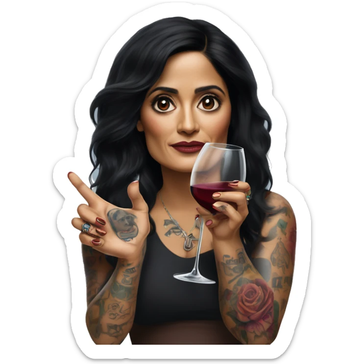 Salma Hayek, her body covered with tattoos, wine in her one hand, pointing forward with her other hand , Hyper realistic sticker
