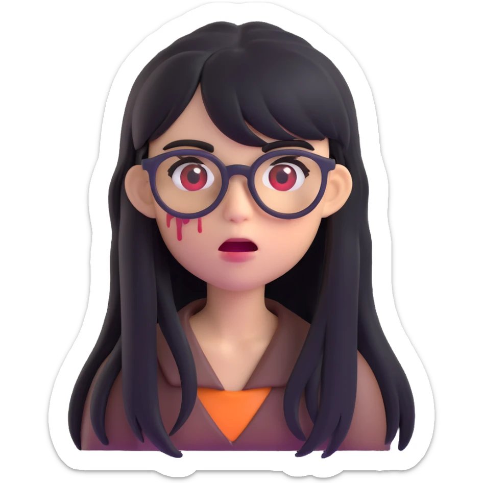 zombie girl with long black hair, bangs, and glasses, 3D emoji style sticker