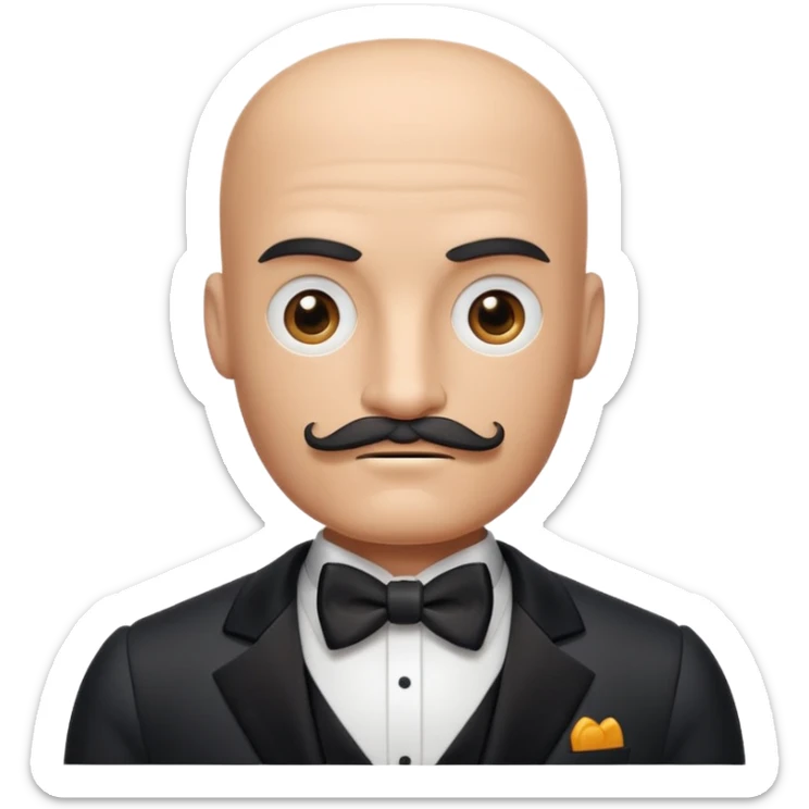 Robot with a square head, no hair, no pupils, thick moustache, wearing a tuxedo, buff sticker
