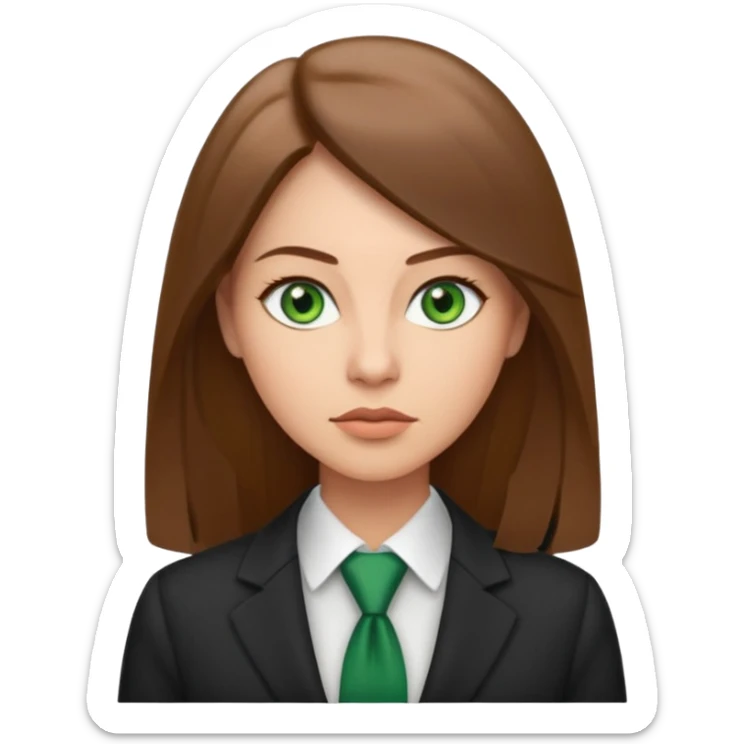 Adult woman avatar, light skin tone, oval face, straight long brown hair, green eyes, neutral mouth, business  sticker