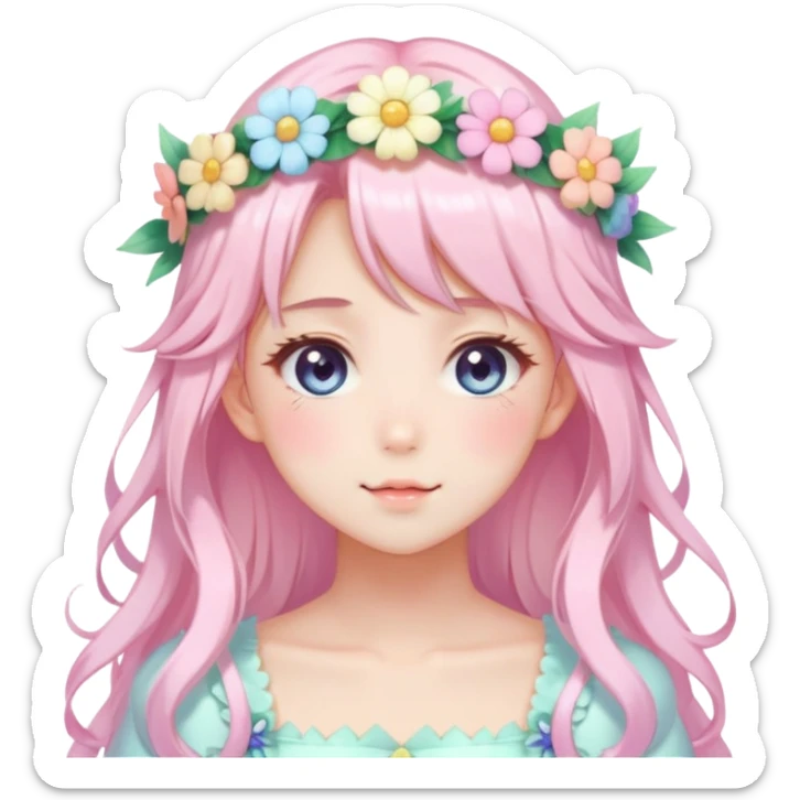 Shiny Gorgeous Pastel Anime Lady with blushing face and pretty hair with a flower crown pastelcore kawaii cottagecore fairycore aesthetic trending style sticker