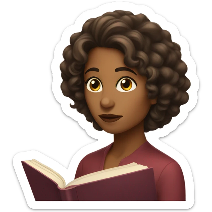 brunette curl mid length hair brown woman looking at a book cozy aesthetic sticker