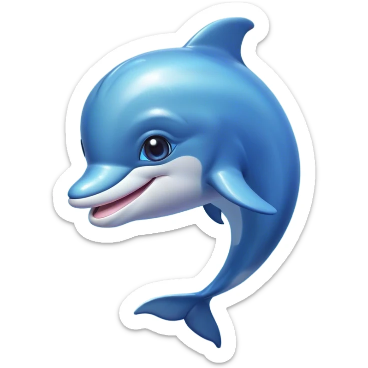 Cinematic Cute Dolphin Portrait Emoji, Head tilted playfully and inquisitively, featuring a smooth, streamlined body with shimmering, silvery-blue skin and round, sparkling eyes full of playful charm, Simplified yet irresistibly adorable features, highly detailed, glowing with a warm, friendly oceanic glow, high shine, affectionate and lively, stylized with a touch of aquatic whimsy, soft glowing outline, capturing the essence of a mischievous yet loving dolphin that appears as if it could splash out of the screen into your arms! sticker