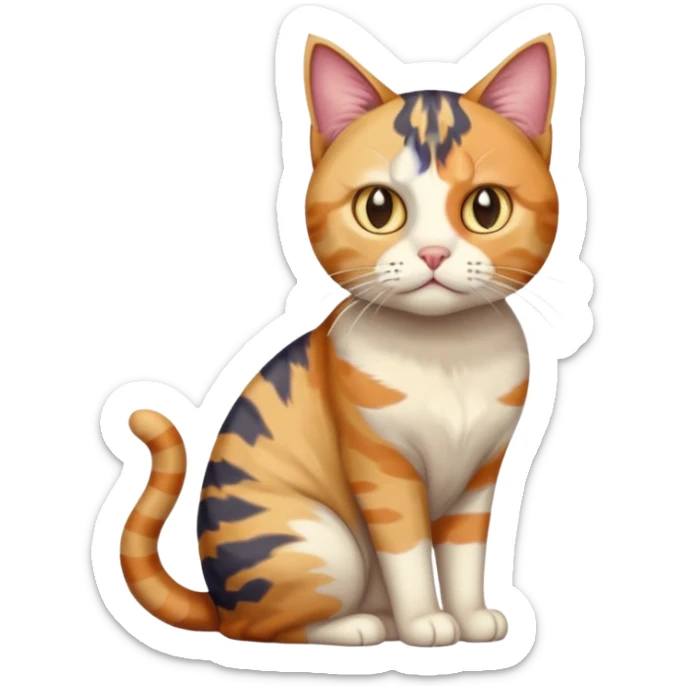 full body colourful calico tabby cat with disproportioned head with an anxious face sticker