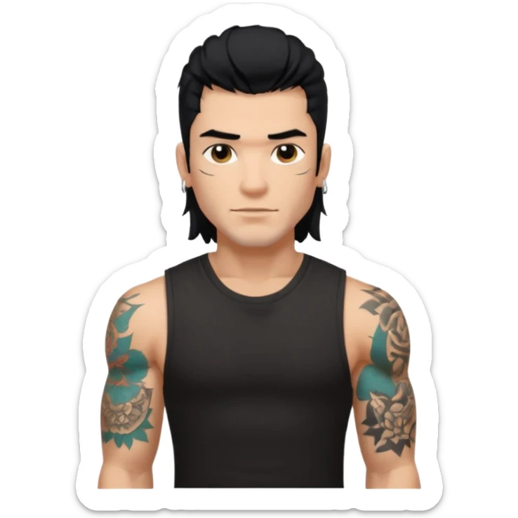 a guy with mullet and tattoos. Black hair.lean but Muscled. wearing a black sleeveless tee sticker