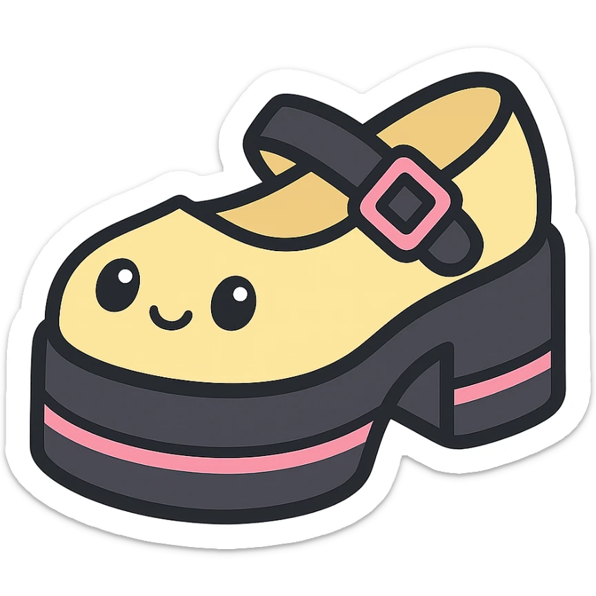 Make the shoes pastel yellow with black and pink accents, kawaii style, no socks, no hearts, transparent background sticker