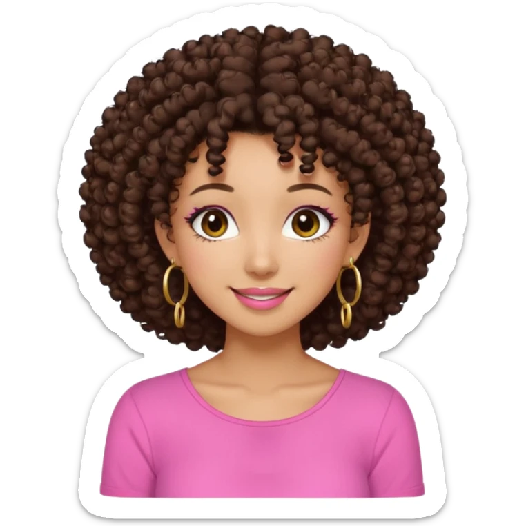 Naturally tan skin girl short darkBrown curly afropink shirt very long lashes hoop gold earrings Brown eyes gyaru smiling closed mouth cute sticker