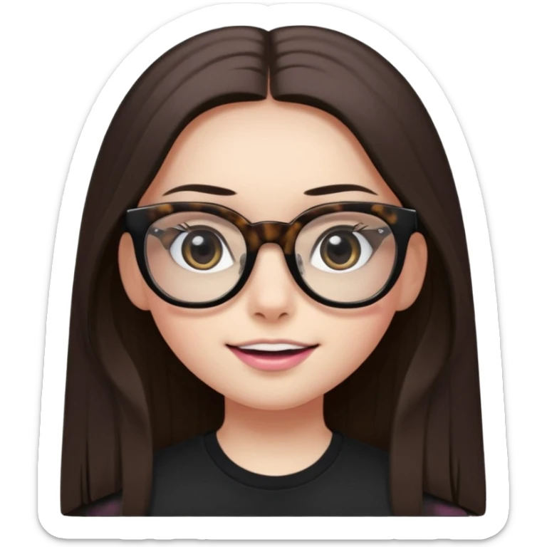 Girl with dark straight long hair, divided in the middle hairstyle, white skin, black eyes, wearing black shirt and tortoise framed glasses. The mounth is light old pink, with light smile with no teeth. sticker