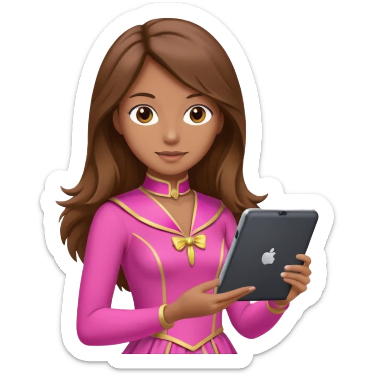 woman with brown long hair and pink costume with tablet sticker
