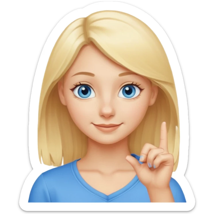 a blond girl with blue eyes putting a finger on the tip of the nose sticker