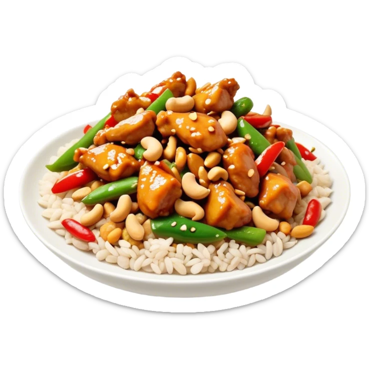 Cinematic Realistic Kung Pao Chicken Dish Emoji, showcasing spicy, stir‚Äêfried chicken with peanuts and vegetables rendered with dynamic textures and vibrant lighting. sticker