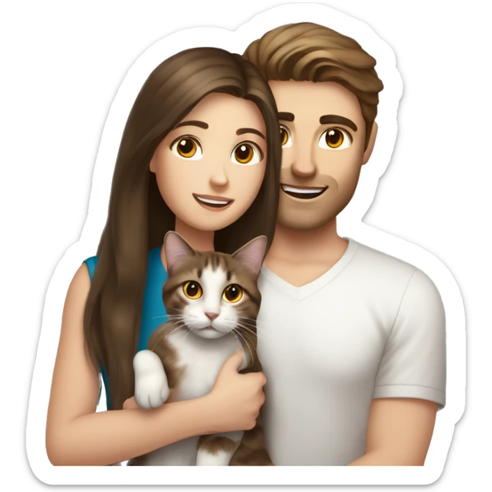 Long Brown hair girl and brunette white brunette man holding tabby cat  sticker