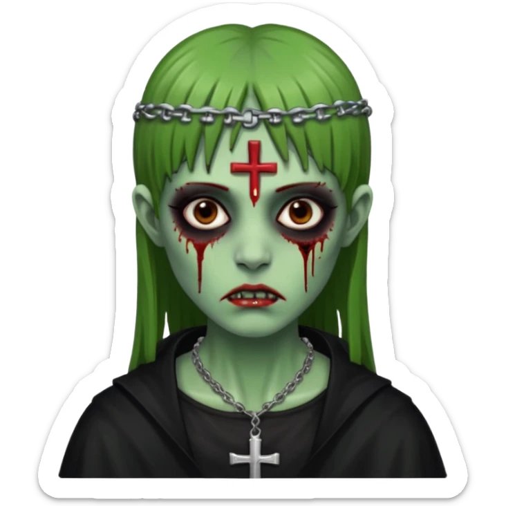 Zumbi verde com olhos castanhos aspecto de que tá sangrando, uma franja reta um piercing do lado esquerdo do nariz, roupa preta e crucifixo como colar, e também delineador sticker