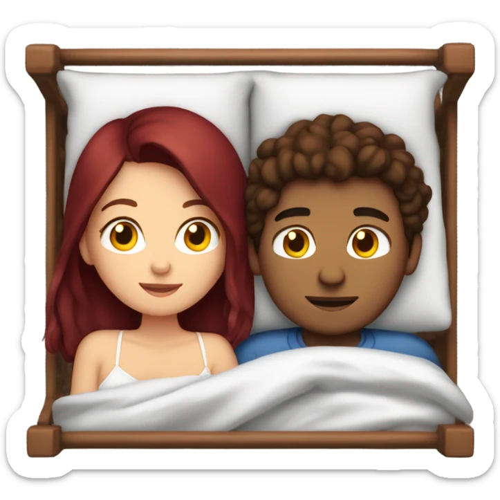 Burgundy haired girl and brunette boyfriend cuddling in bed sticker