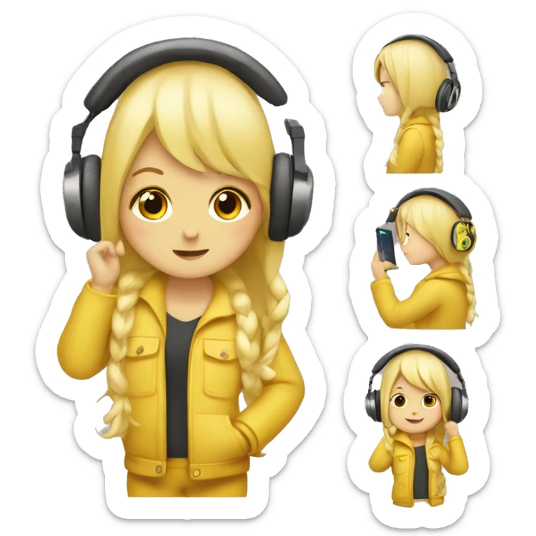 Yellow girl with headphones on holding the headphones ￼￼ sticker
