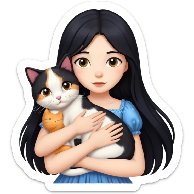 A beautiful girl with long black hair wearing a dress hugs a cat of three colors sticker