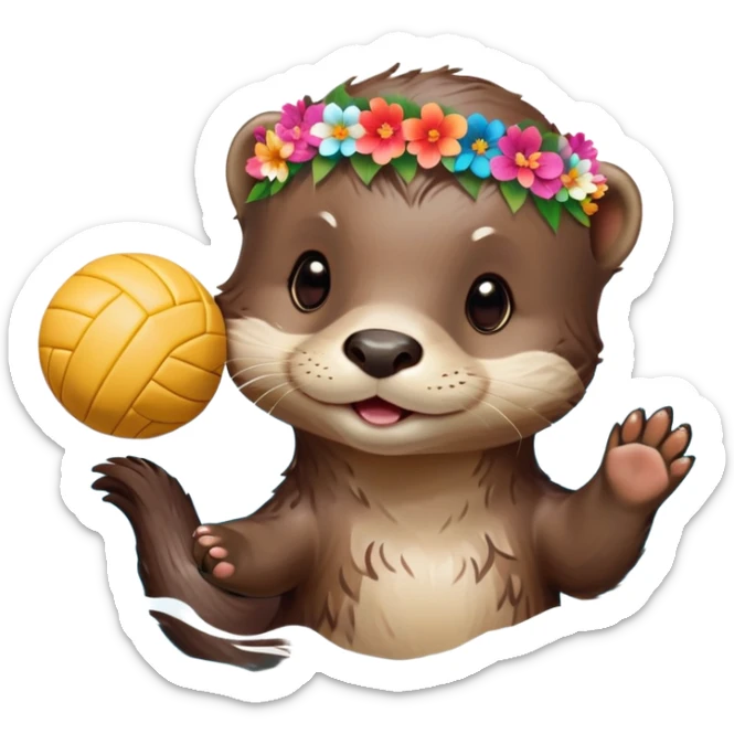 super cute baby otter with a colorful flower crown ring around its head, gentle expression, FLOATING ON EXTREMELY OBVIOUS BRIGHT BLUE WATER with exaggerated large waves, splashes and ripples surrounding the otter, baby otter holding a volleyball with both paws above the very prominent water sticker