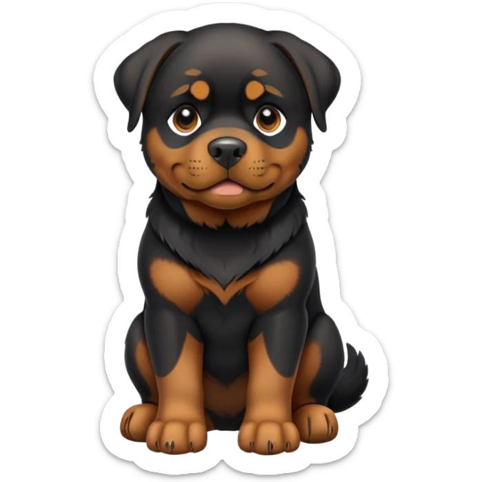 cinematic-[rottweiler]-realistic-full-body-sitting-emoji,-tail-resting-loosely-beside-its-paws,-head-tilted-dramatically, -sleek-[Black and brown]-fur,-simplified-yet-realistic-focused-features,-highly-detailed,-glowing-with-an-almost-sarcastic-glow sticker