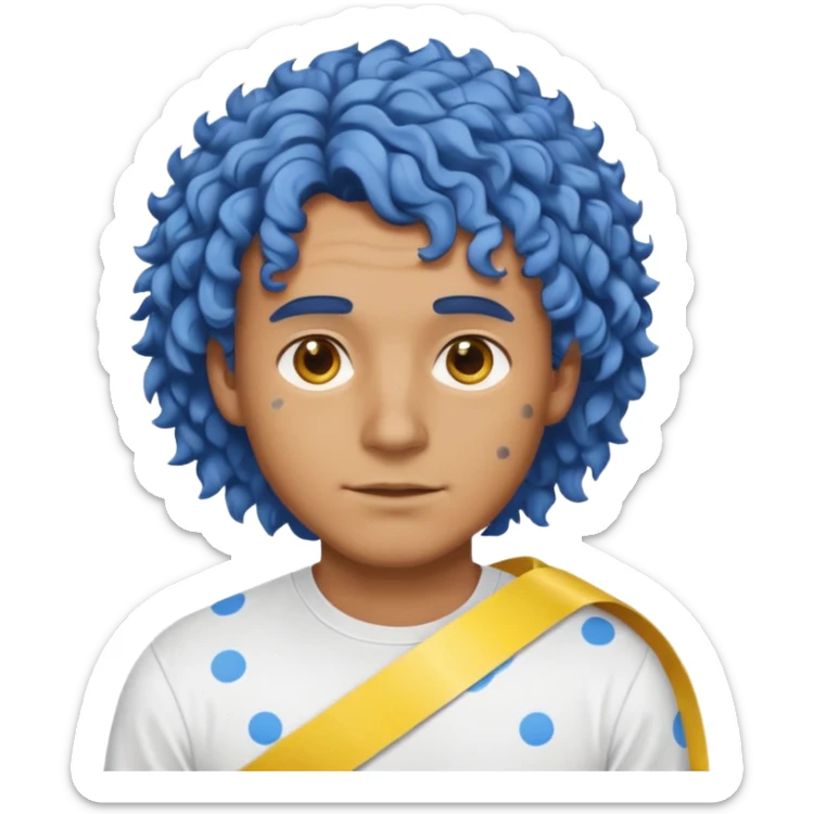 Make me an emoji that has a guy with a white shirt and yellow tape around the shirt with brown and blue spots hair make the hair curly make the yellow tape go around it sticker