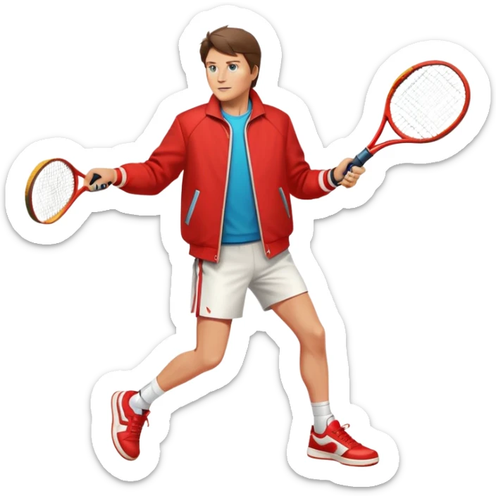 Marty McFly playing tennis, wearing his iconic red jacket and futuristic sneakers, holding a tennis racket, dynamic pose, retro-futuristic style, vibrant colors, simple and clean design, emoji-style illustration. sticker