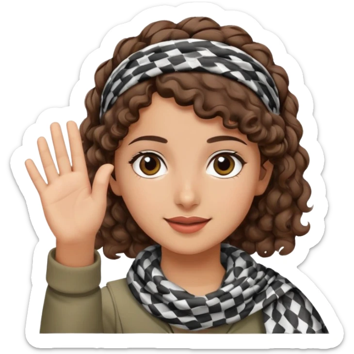Palestinian girl emoji style, waving, short curly brown hair, wearing a keffiyeh headband, friendly face, plain background sticker