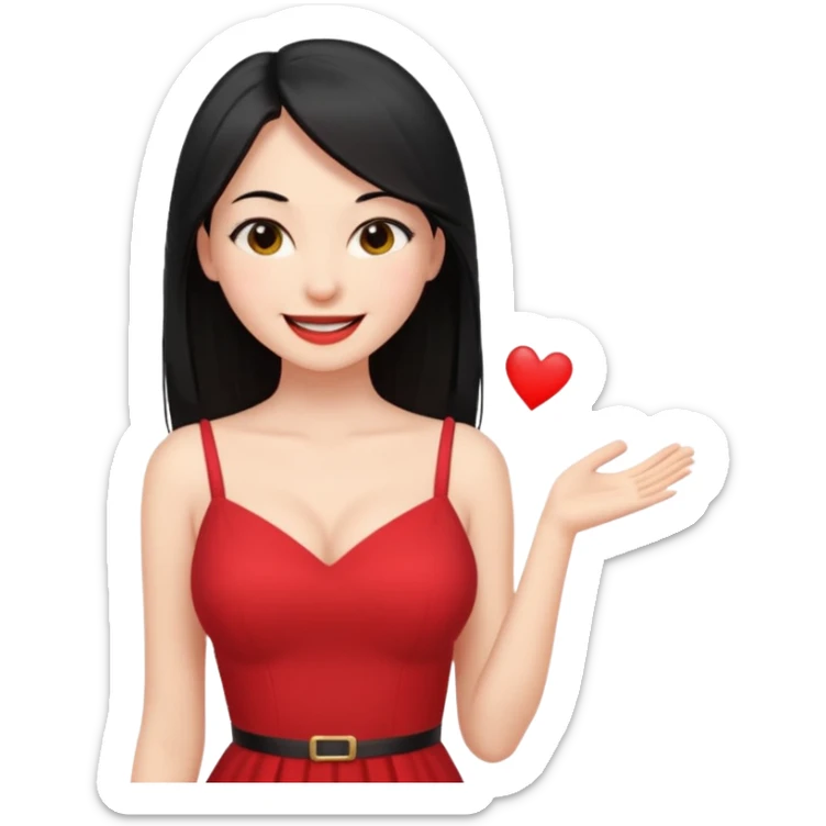 Chica joven pelo sémi largo color negro lacio delgada con con pechos grandes vestido rojo con sonrisa amigable y guiñando el ojo sticker