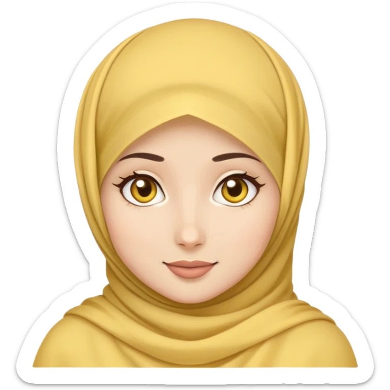 cute hijabi with classic yellow emoji face, white skin, brown eyes, flowy hijab sticker