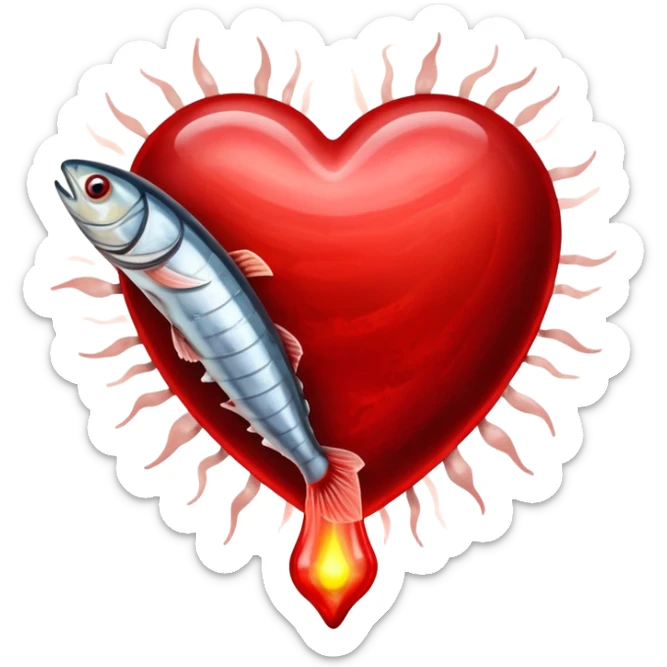Glowing pieces of liver, red meat, and sardines floating around a red blood cell that shines brightly like a torch. Streams of light connect the blood cell to a heart and muscles, showing how heme iron creates energy and vitality throughout the body. sticker