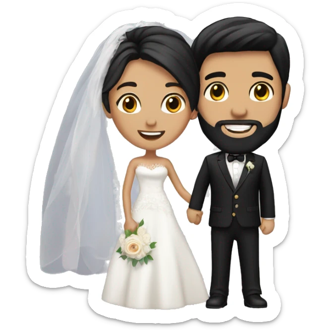 Wedding couple, groom black hair , beard, bronzed skin. Bride, white skin, black hair  sticker
