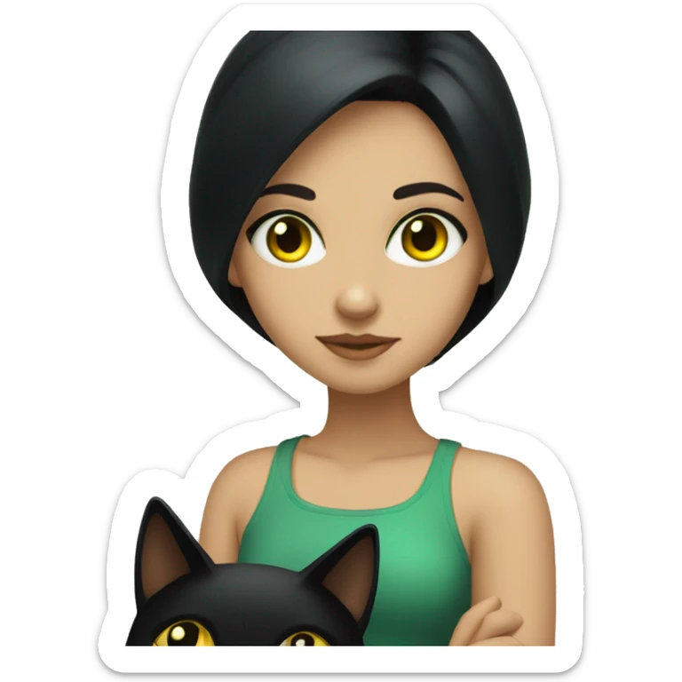 girl with black hair with dark green eyes holding a black cat with yellow eyes sticker