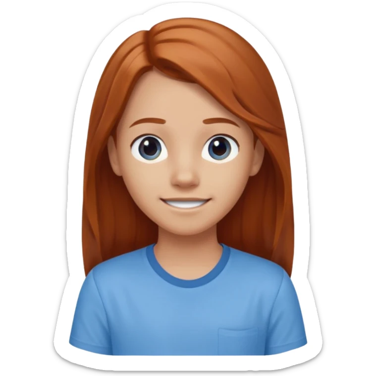 smiling shrugging emoji tween long auburn hair light blue shirt with a darker blue L sticker
