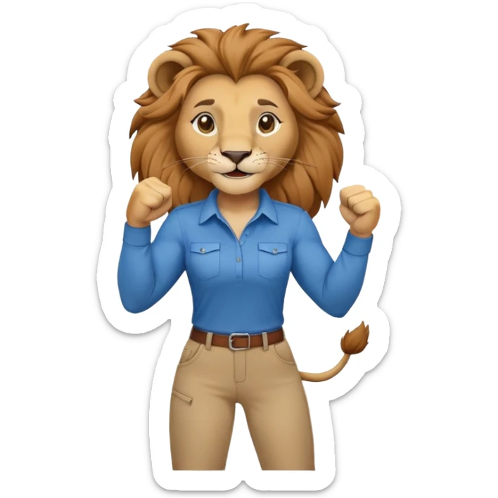 friendly anthropomorphised female lion in a shirt and pants with fist raised, energetic pose sticker