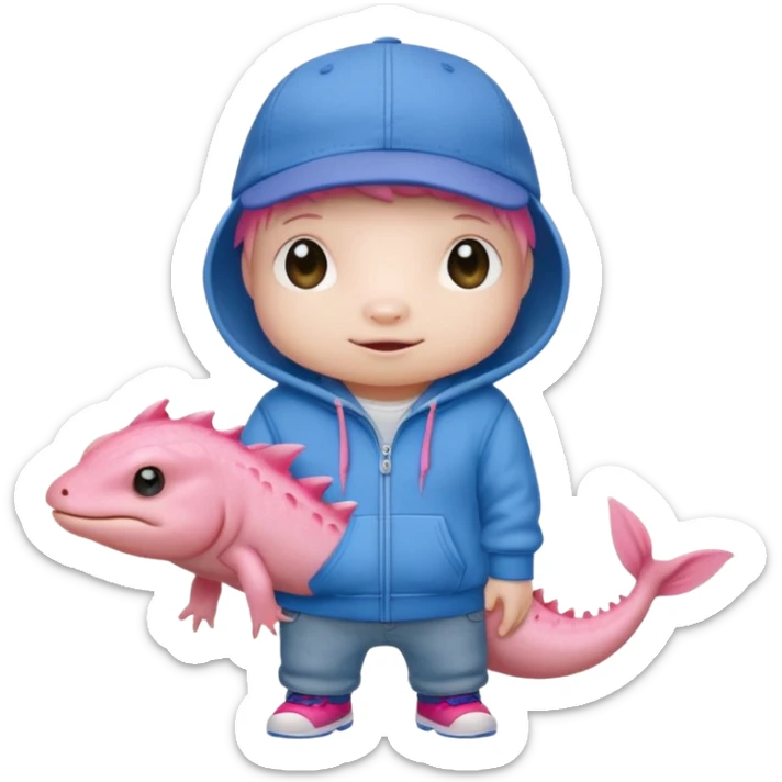 An anthropomorphic. Axolotl with a hoodie and a baseball cap with blue jeans. sticker