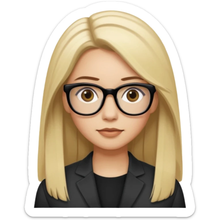 A woman with light skin tone, long straight blonde hair parted to the side, large brown eyes, wearing black-framed glasses, and a neutral expression with a slight smile. sticker