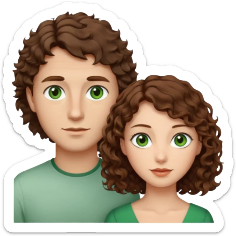 Man in the middle with brown hair and green eyes, women next to him with short brown hair with slight waves, taller women on right side with shoulder length curly hair and brown eyes sticker