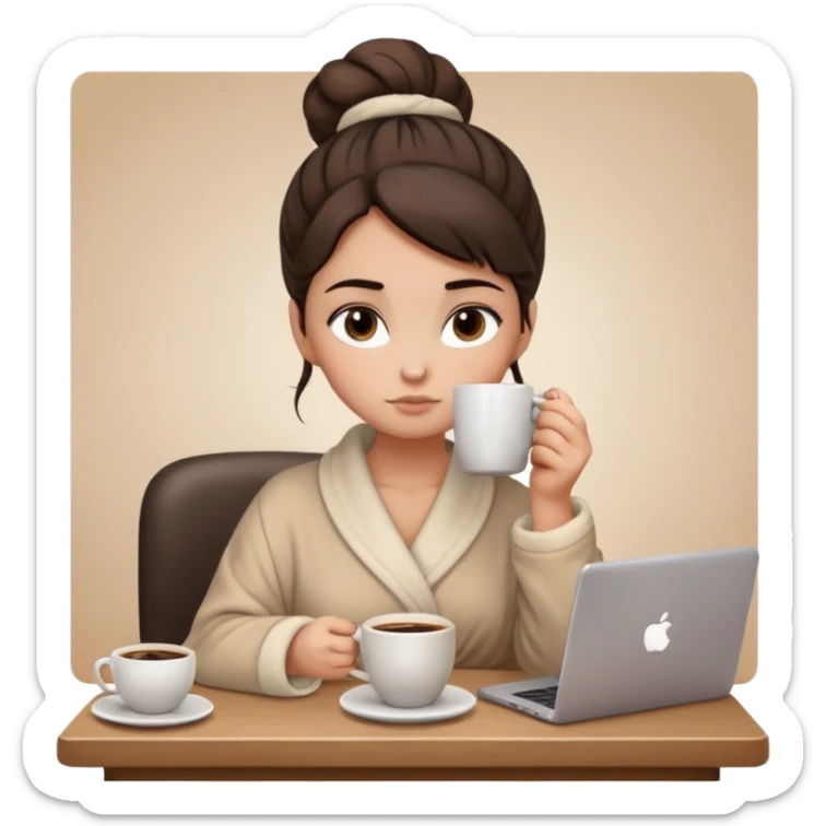 A brunette girl with a bun as hairstyle, with dark brown eyes, dark circles under eyes, tired, sad face, with a mug of coffee in one hand and sitting in front of a computer, wearing a soft fluffy beige robe sticker