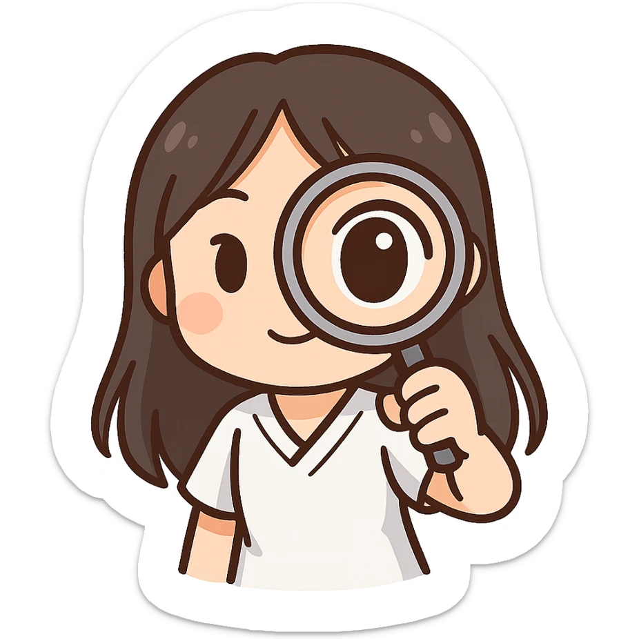 3D chibi bitmoji style sticker of a girl with long dark hair, white medical top, looking at the viewer through a magnifying glass, face close to the screen, one eye enlarged, white outline, transparent background sticker
