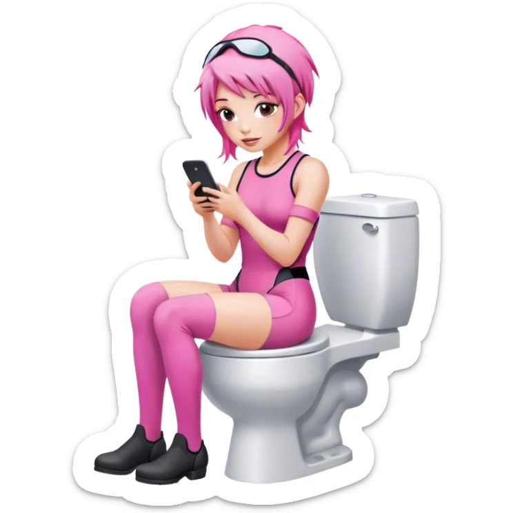 Pink haired female Jockey sat on the toilet with her mobile phone  sticker
